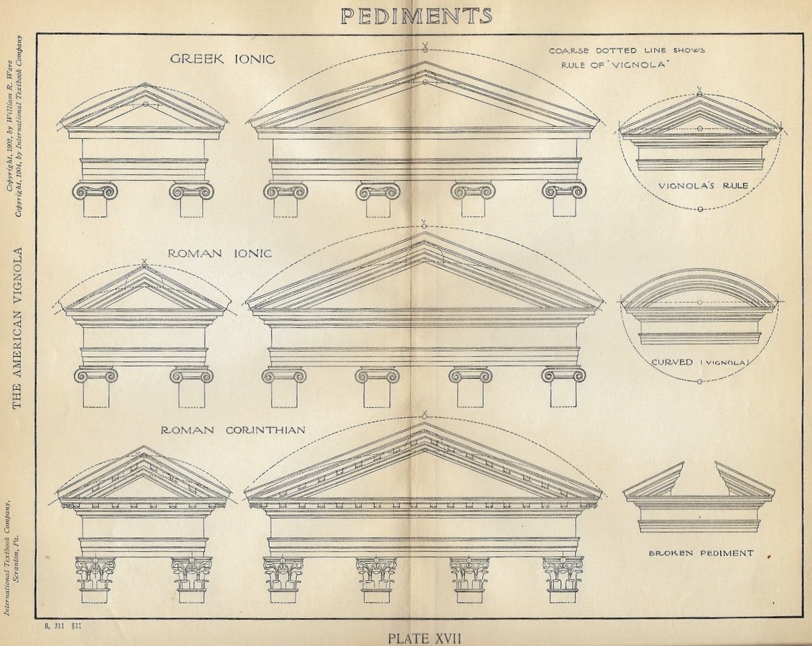 The triangular pediment and deep entablature mark the temple-fronted Greek Revival