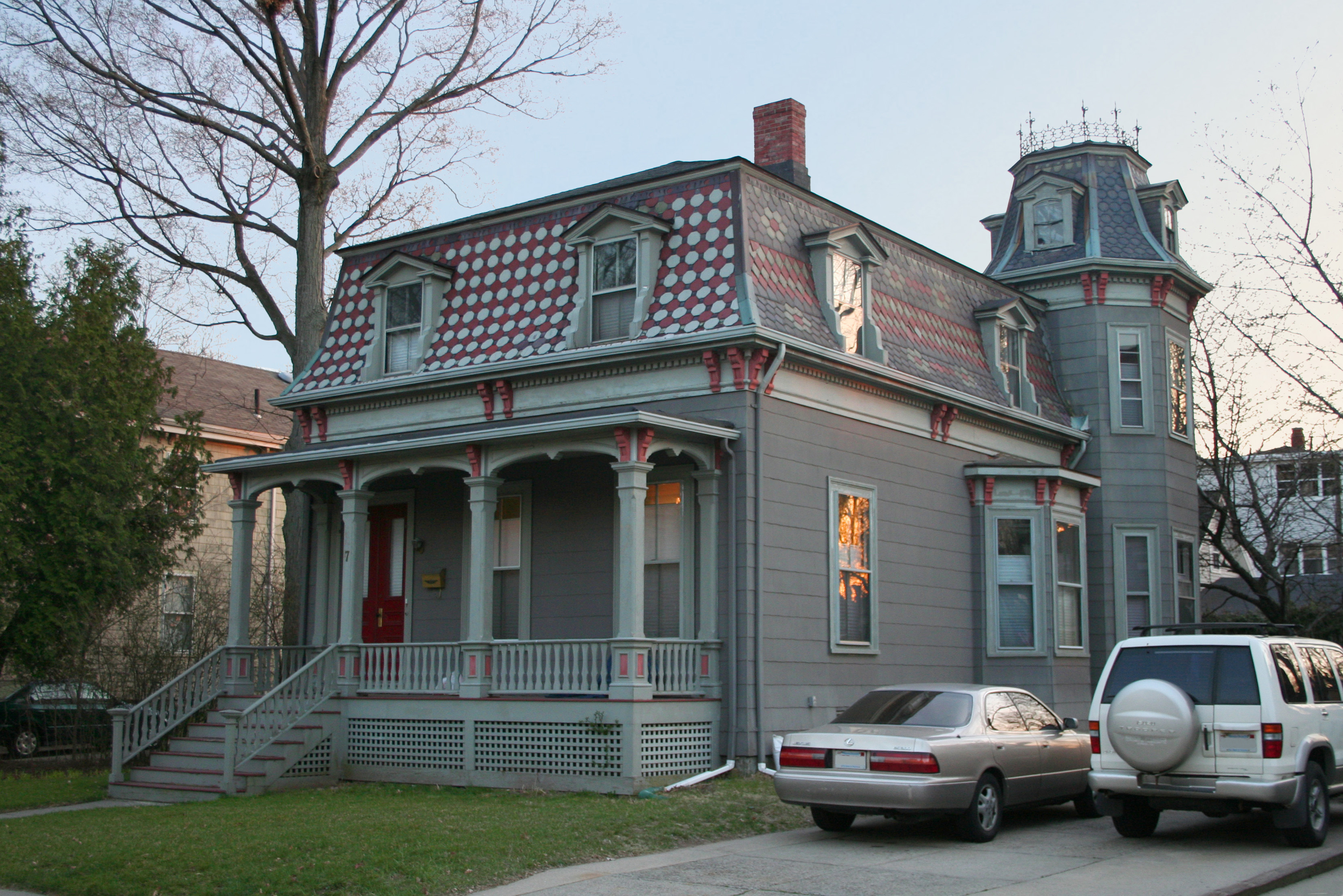 A Second Empire mansion with patterned-slate mansard roof